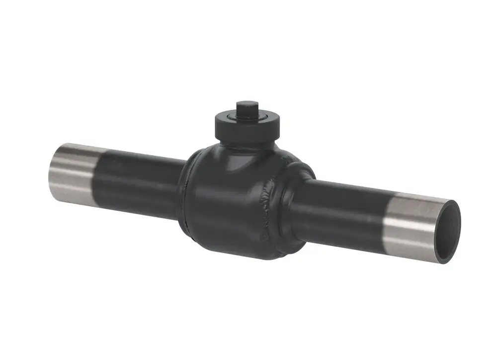 Kugelhahn mit zwei Anschlüssen und schwarzem Gehäuse, hergestellt von Danfoss, für den Einsatz in Rohrleitungen zur Steuerung des Durchflusses.